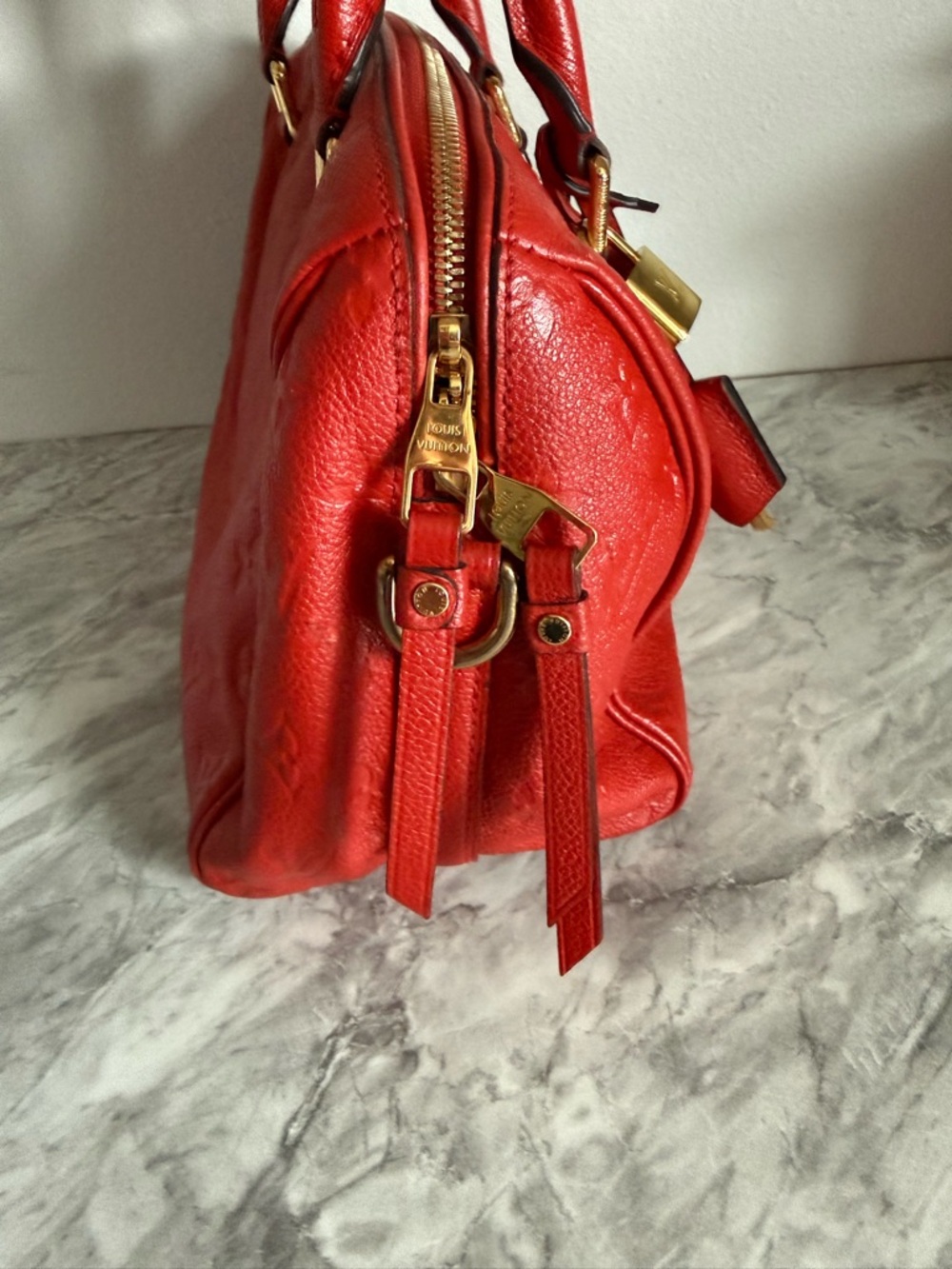 Louis Vuitton Red Monogram Embossed Satchel with Gold Hardware - Picture 4 of 12